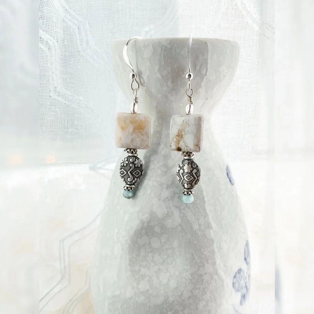 Handmade brioche jasper dangle‎ earrings